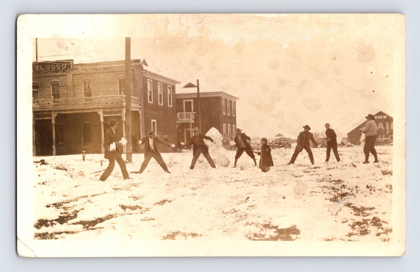 Wheatland California Hotel Elwood Snowball Fight 1919 RPPC Postcard Posted