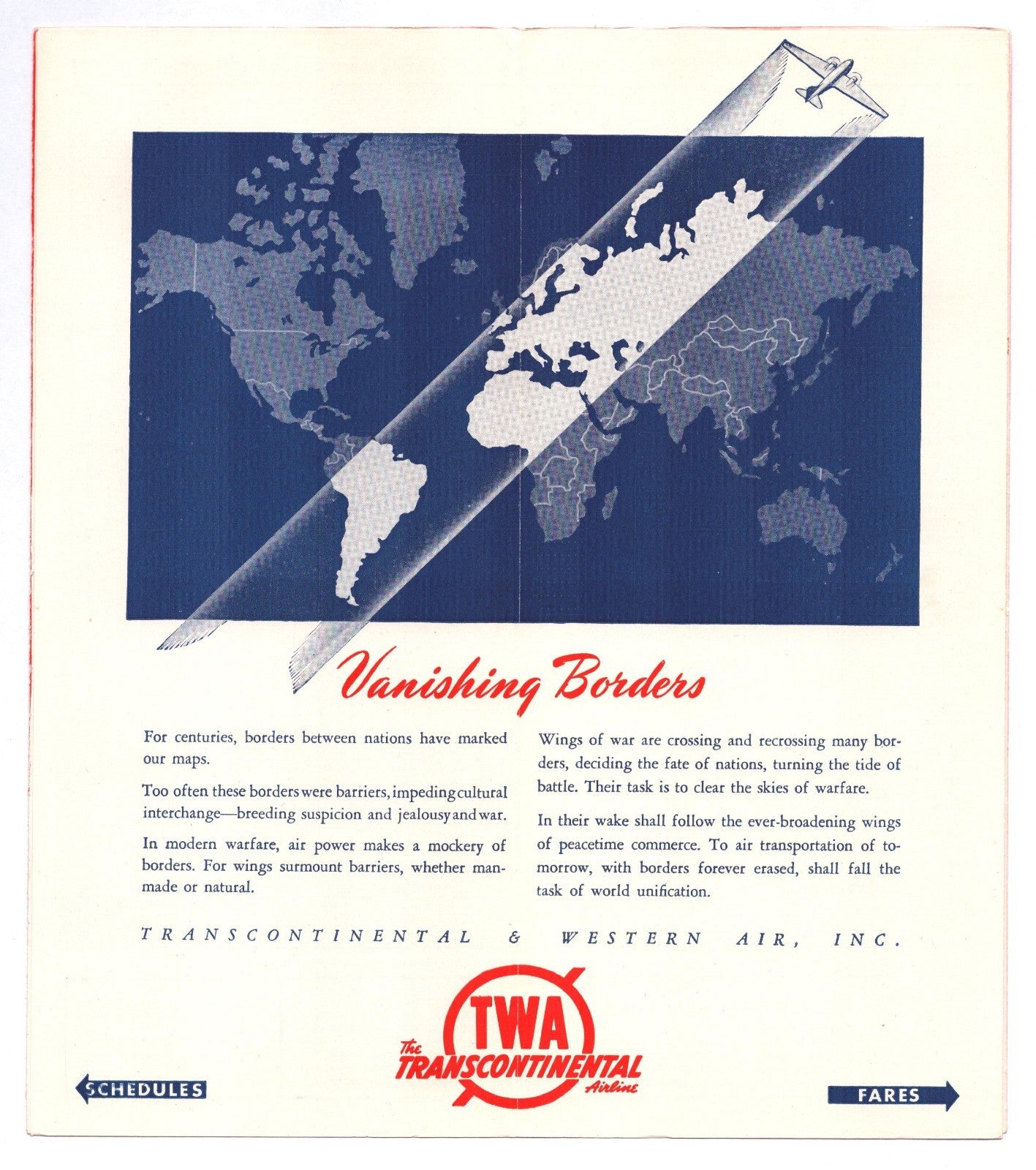 TWA Trans World Airlines 1942 Vanishing Borders System Time Table Brochure
