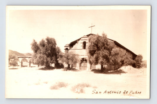 Real photo postcard of Mission San Antonio de Padua Jolon California with cross and arcades 1930s