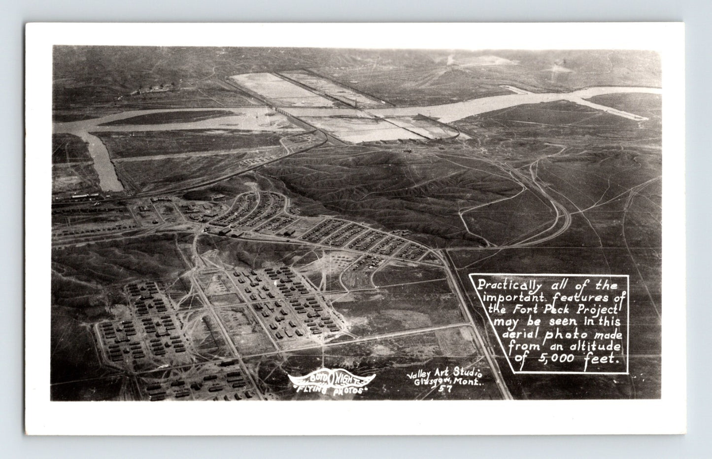 Glasgow Montana aerial view Fort Peck project 1930s real photo postcard