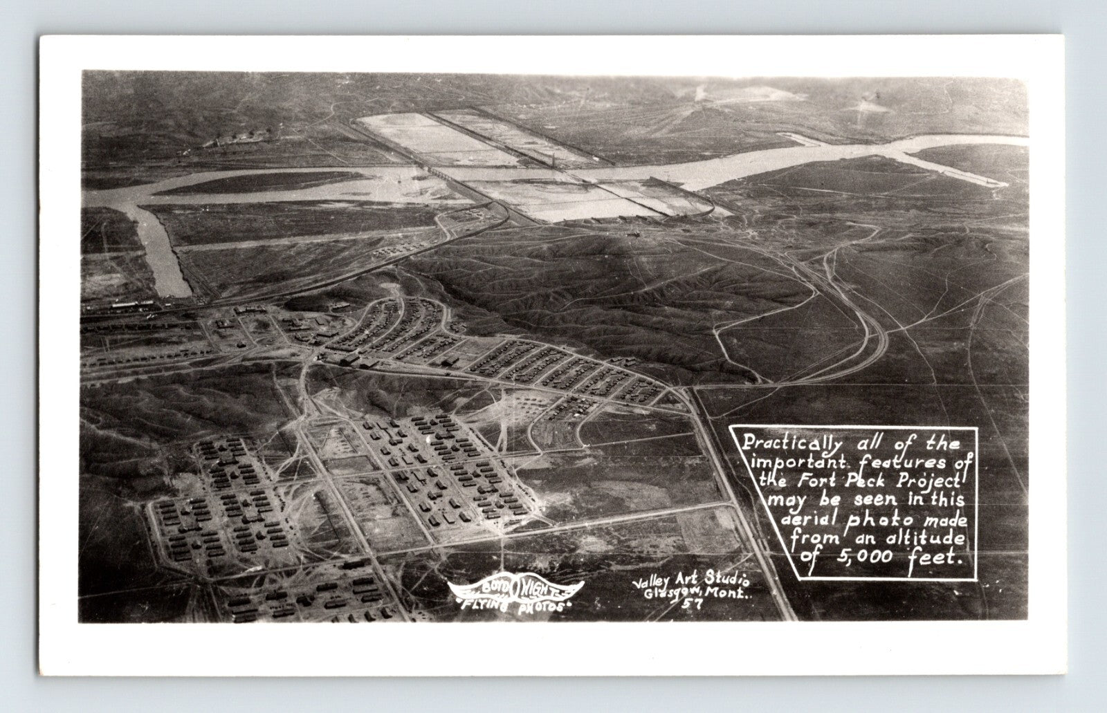 Glasgow Montana aerial view Fort Peck project 1930s real photo postcard