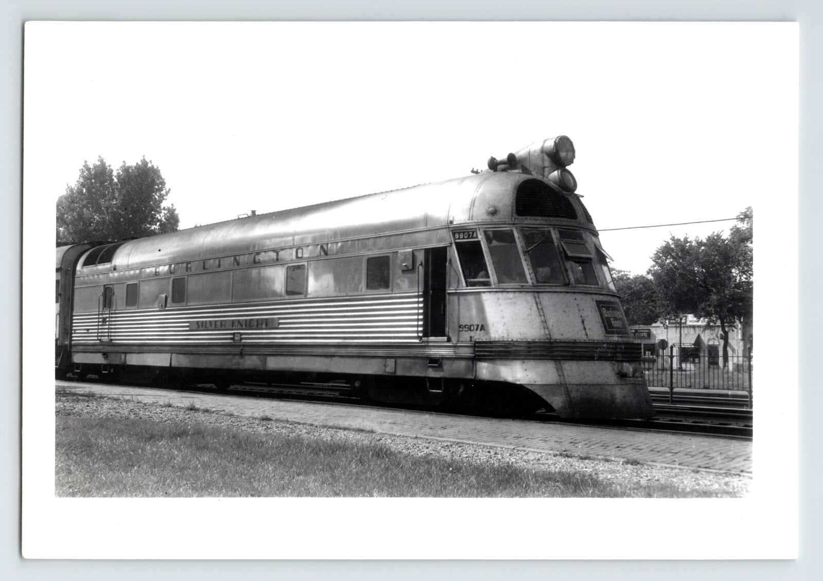 Burlington Route Silver Knight streamlined train locomotive at Downer Grove Illinois 1951 black and white photo