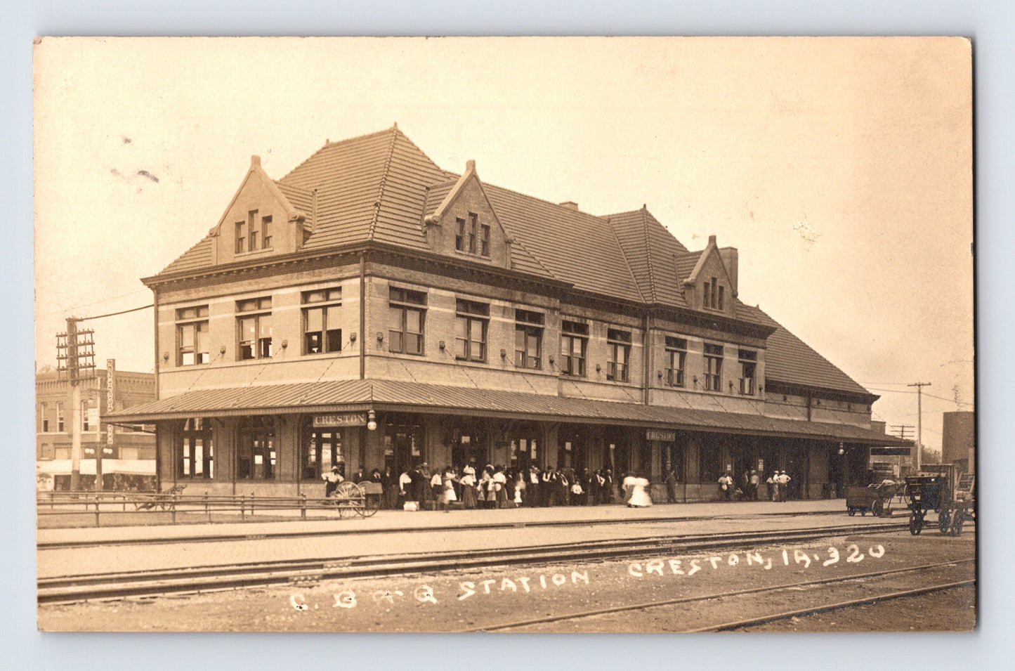 Creston Iowa CBQ Railroad Train Station Depot exterior 1911 real photo postcard