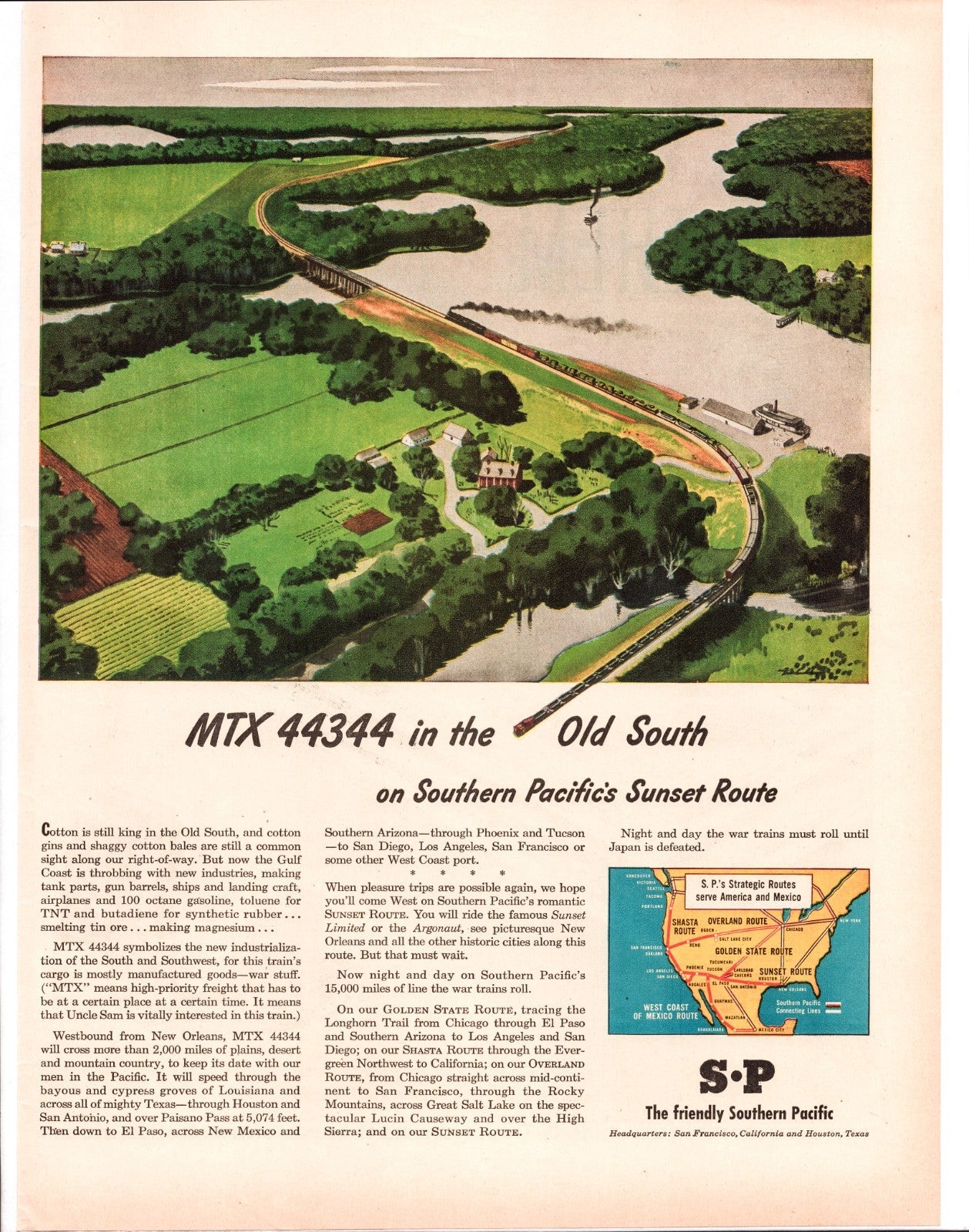 Southern Pacific Railroad 1945 Sunset Route MTX 44344 Old South map illustration wartime railroad travel advertisement