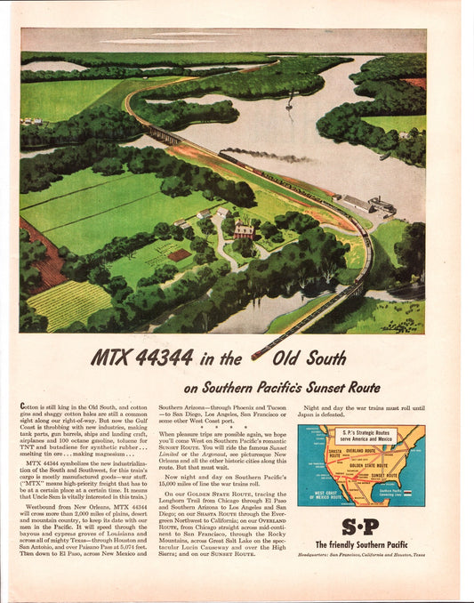 Southern Pacific Railroad 1945 Sunset Route MTX 44344 Old South map illustration wartime railroad travel advertisement