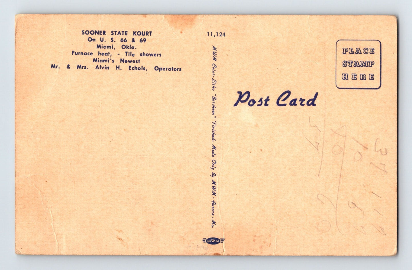 Miami Oklahoma Sooner State Kourt Motel Route 66 Postcard 1940s Unposted
