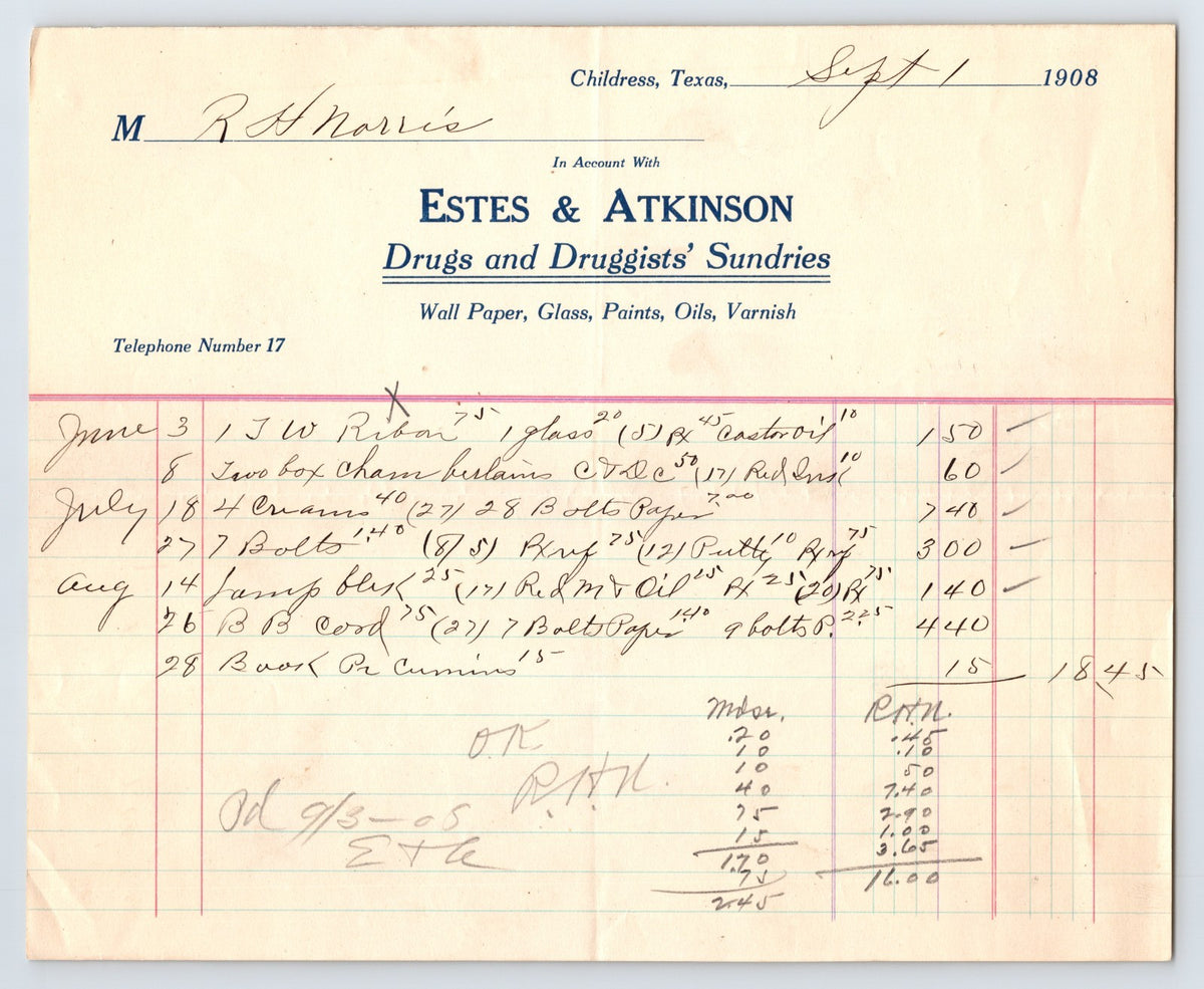 1908 Estes and Atkinson Childress Texas Drugs Druggists Sundries billhead ledger page