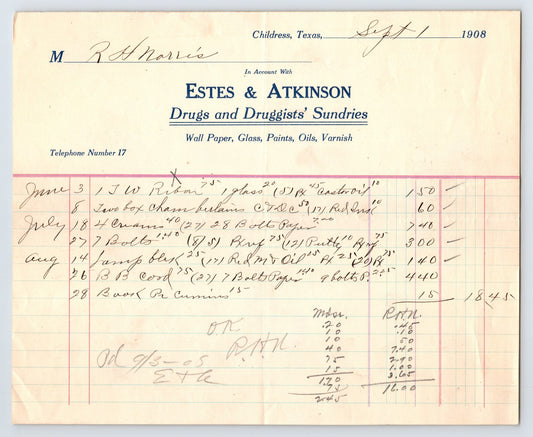 1908 Estes and Atkinson Childress Texas Drugs Druggists Sundries billhead ledger page