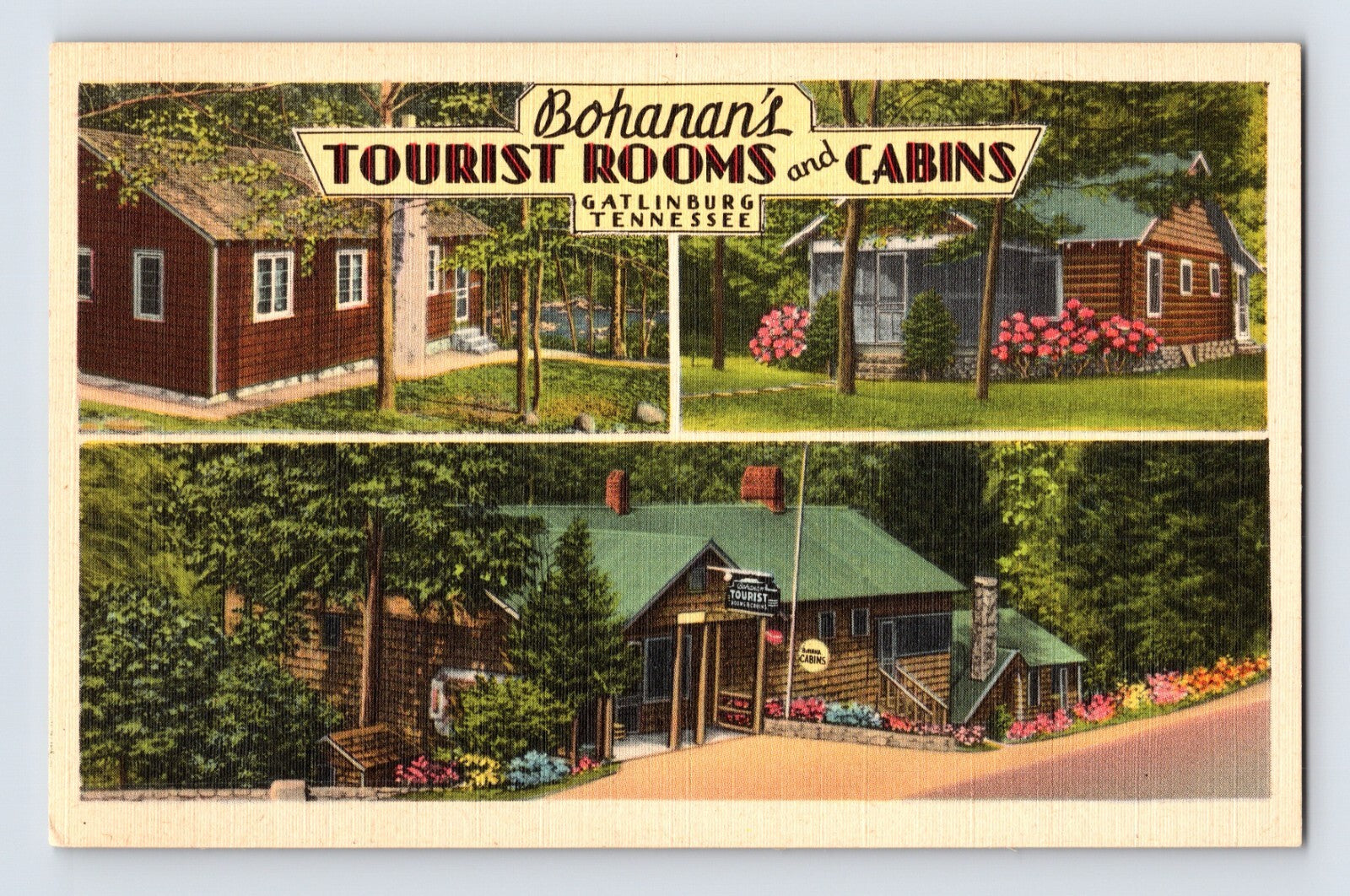Gatlinburg Tennessee Bohanan tourist cabins motel 1940s postcard log cabins roadside lodging Smoky Mountains