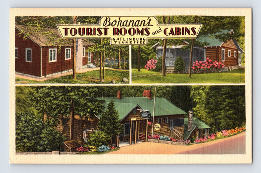 Gatlinburg Tennessee Bohanan tourist cabins motel 1940s postcard log cabins roadside lodging Smoky Mountains