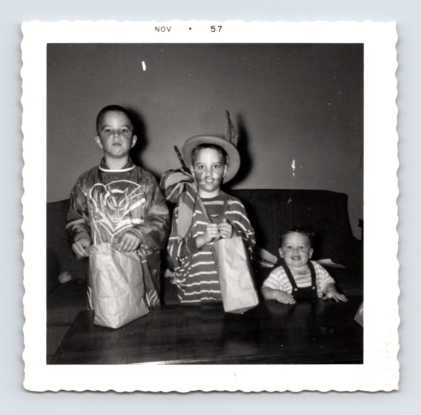 Halloween children costumes trick or treat bags 1957 snapshot vintage photo 3.5 x 3.5