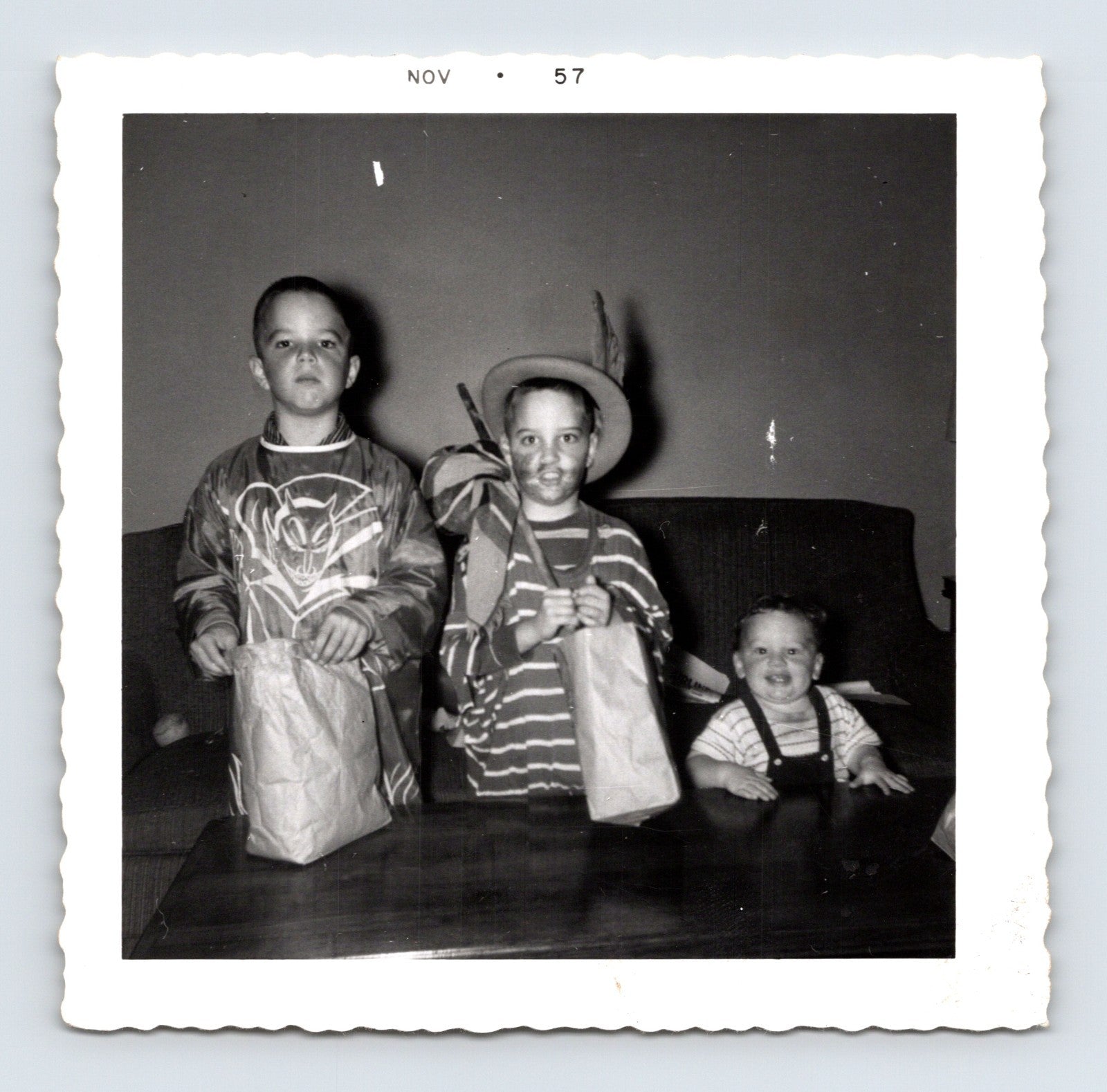 Halloween children costumes trick or treat bags 1957 snapshot vintage photo 3.5 x 3.5