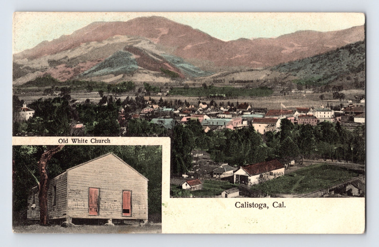 Calistoga California Napa Valley aerial town view old white church inset 1910s postcard