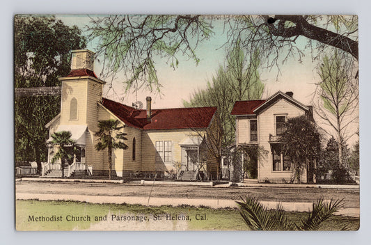 St Helena California Methodist Church and parsonage buildings with red roofs and trees 1909 postcard