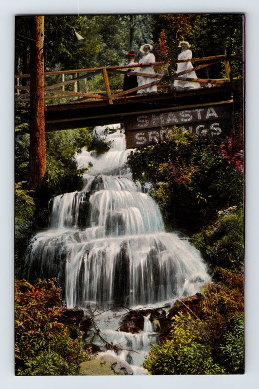 Shasta Springs California Lower Falls bridge waterfall figures scenic 1910s postcard hand colored