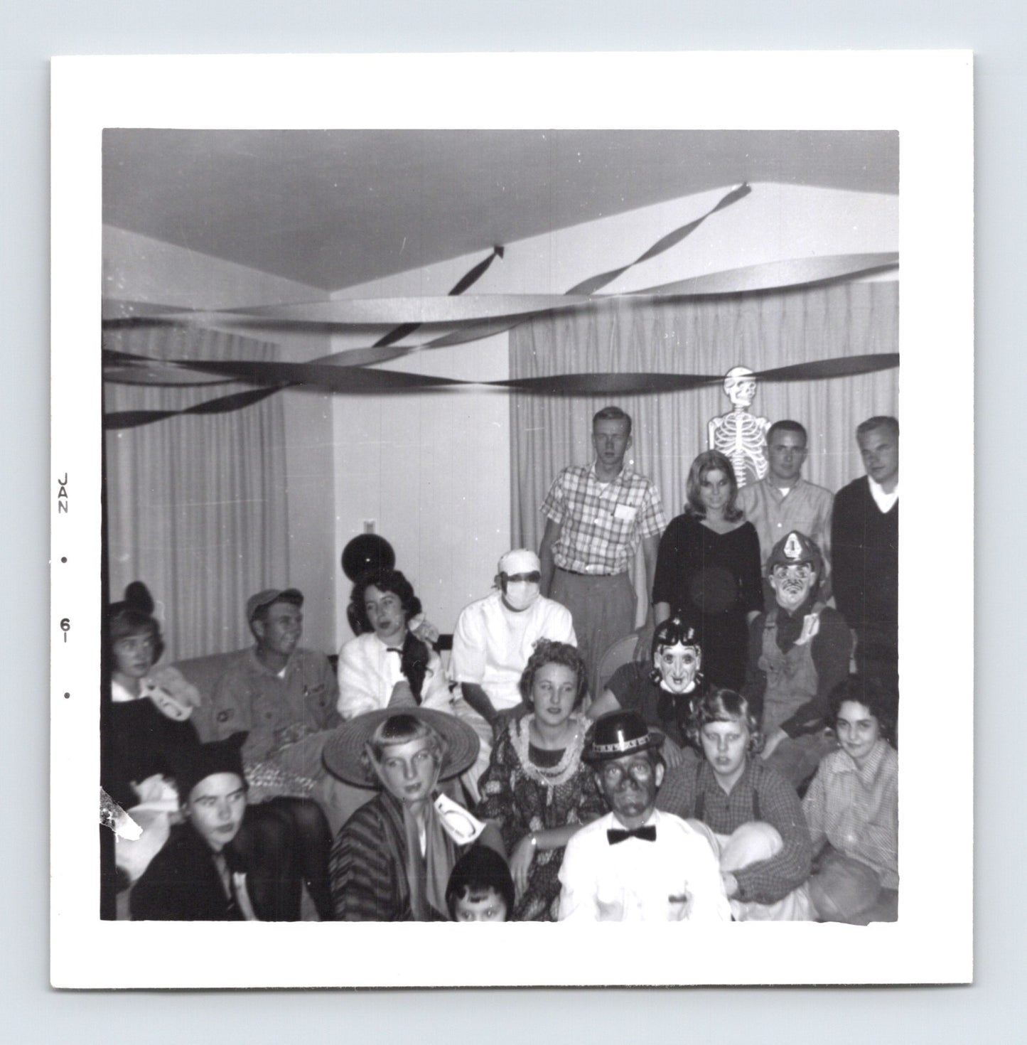 Halloween party group costumes skeleton mask living room 1960 snapshot vintage photo 3.5 x 3.5