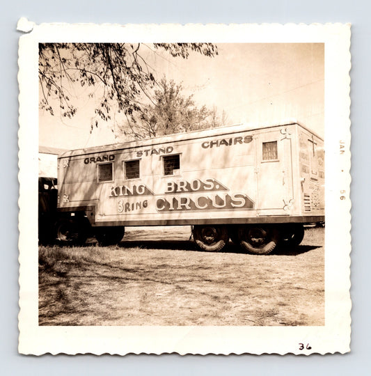 King Bros Circus 1956 photo of grandstand chair transport trailer with painted circus lettering - 3.5 x 3.5