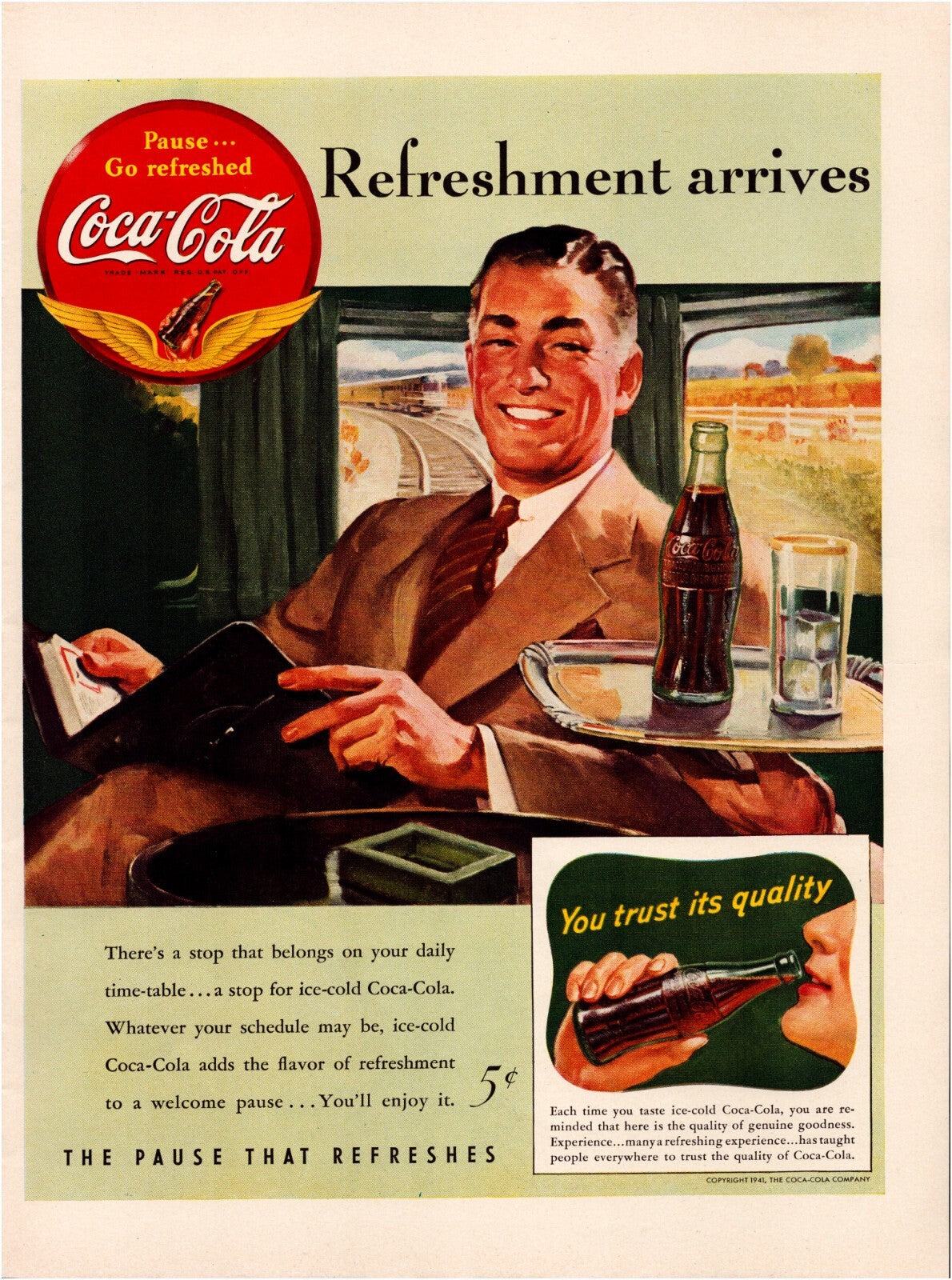 Coca Cola 1941 train travel refreshment advertisement man drinking soda railroad scene