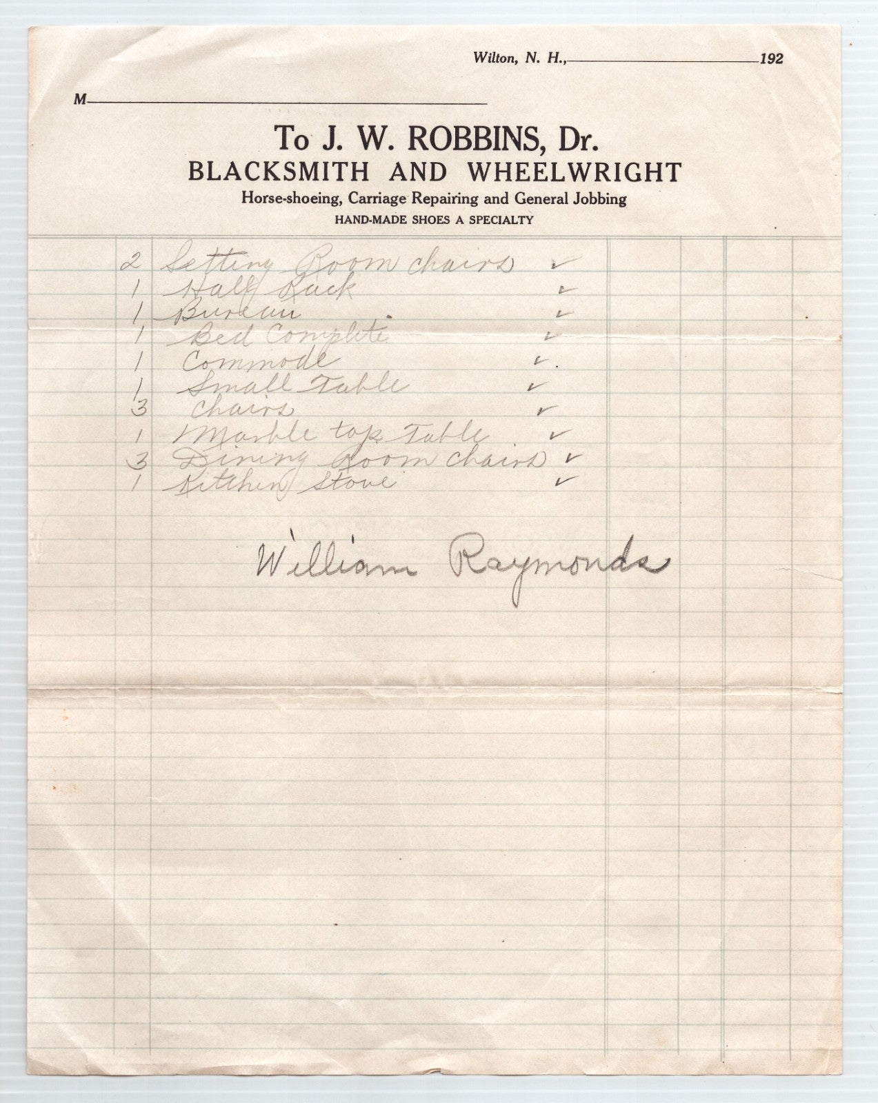 Wilton New Hampshire Robbins blacksmith wheelwright billhead handwritten ledger list tools services early 20th century