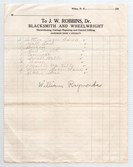 Wilton New Hampshire Robbins blacksmith wheelwright billhead handwritten ledger list tools services early 20th century