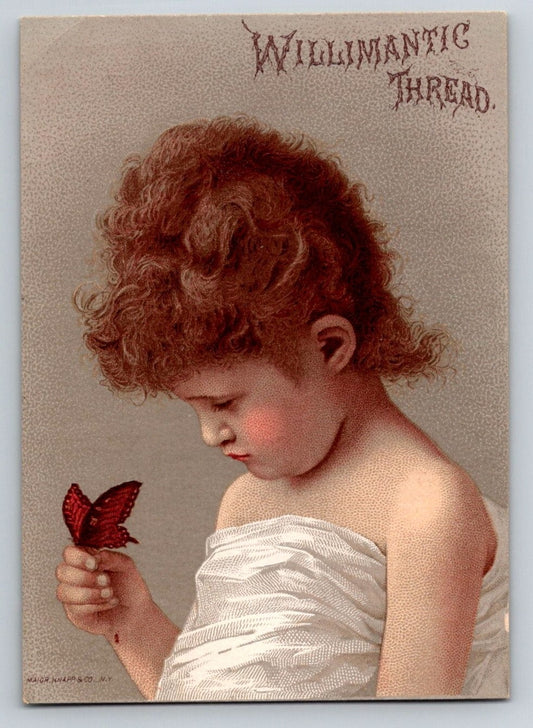 Willimantic Sewing Thread 1890s Victorian Trade Card Cute Girl Butterfly - 3 x 4