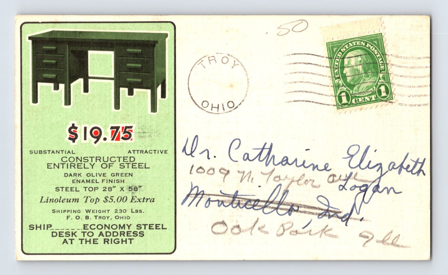 Troy Ohio Hobart File Cabinet Company 1940s Advertising Postcard Posted