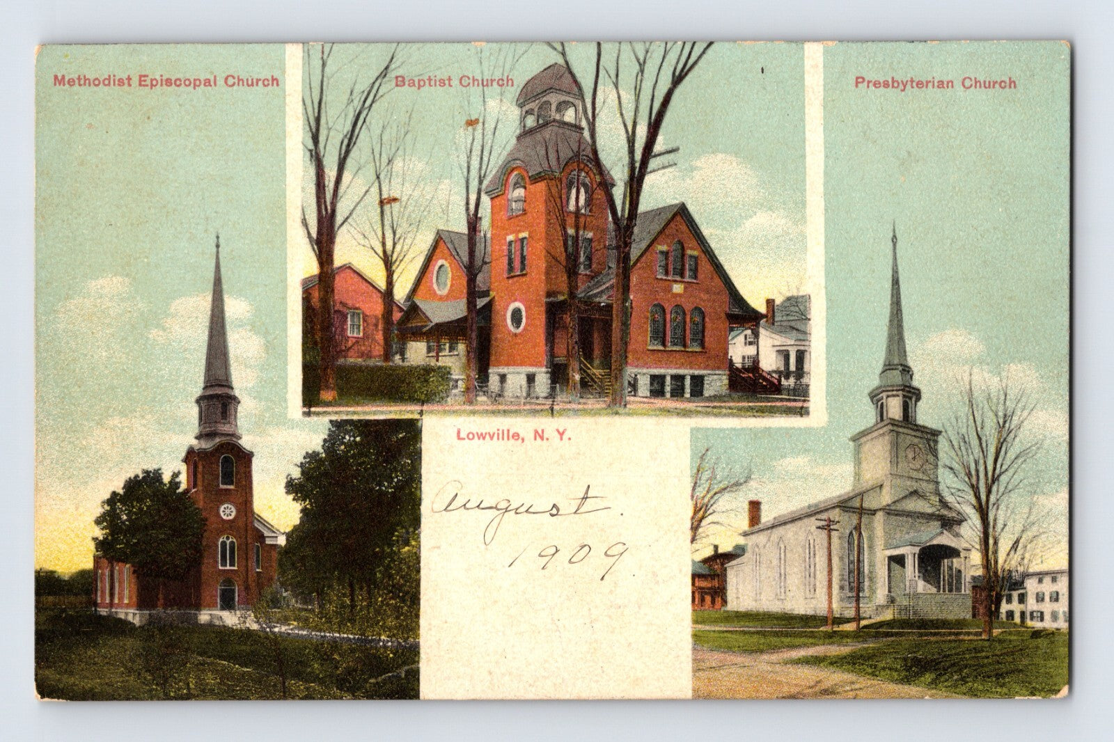 Lowville New York churches Baptist Methodist Presbyterian multi view 1910s postcard