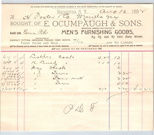 Rochester New York 1892 Ocumpaugh Sons Mens Furnishing Goods Billhead 8.5 x 7