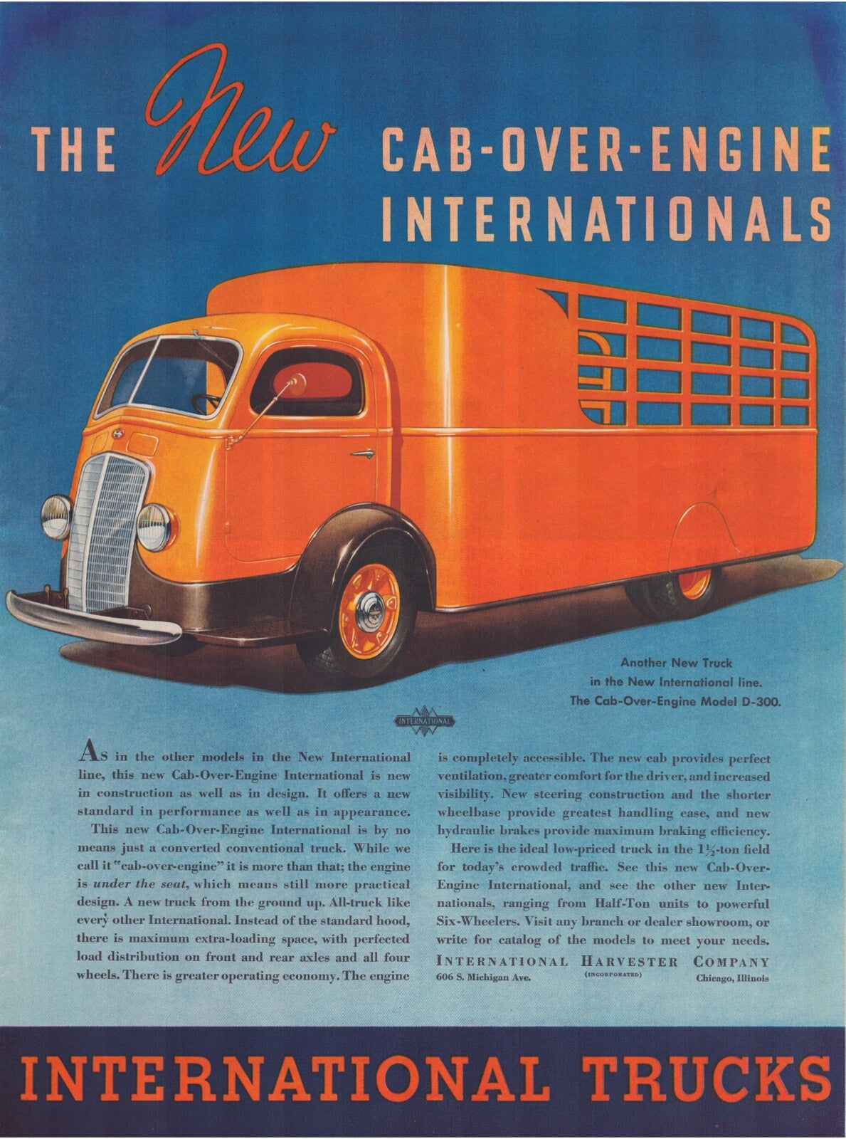 International Harvester D300 cab over engine truck 1937 orange delivery vehicle print ad