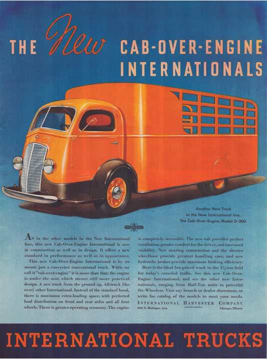 International Harvester D300 cab over engine truck 1937 orange delivery vehicle print ad