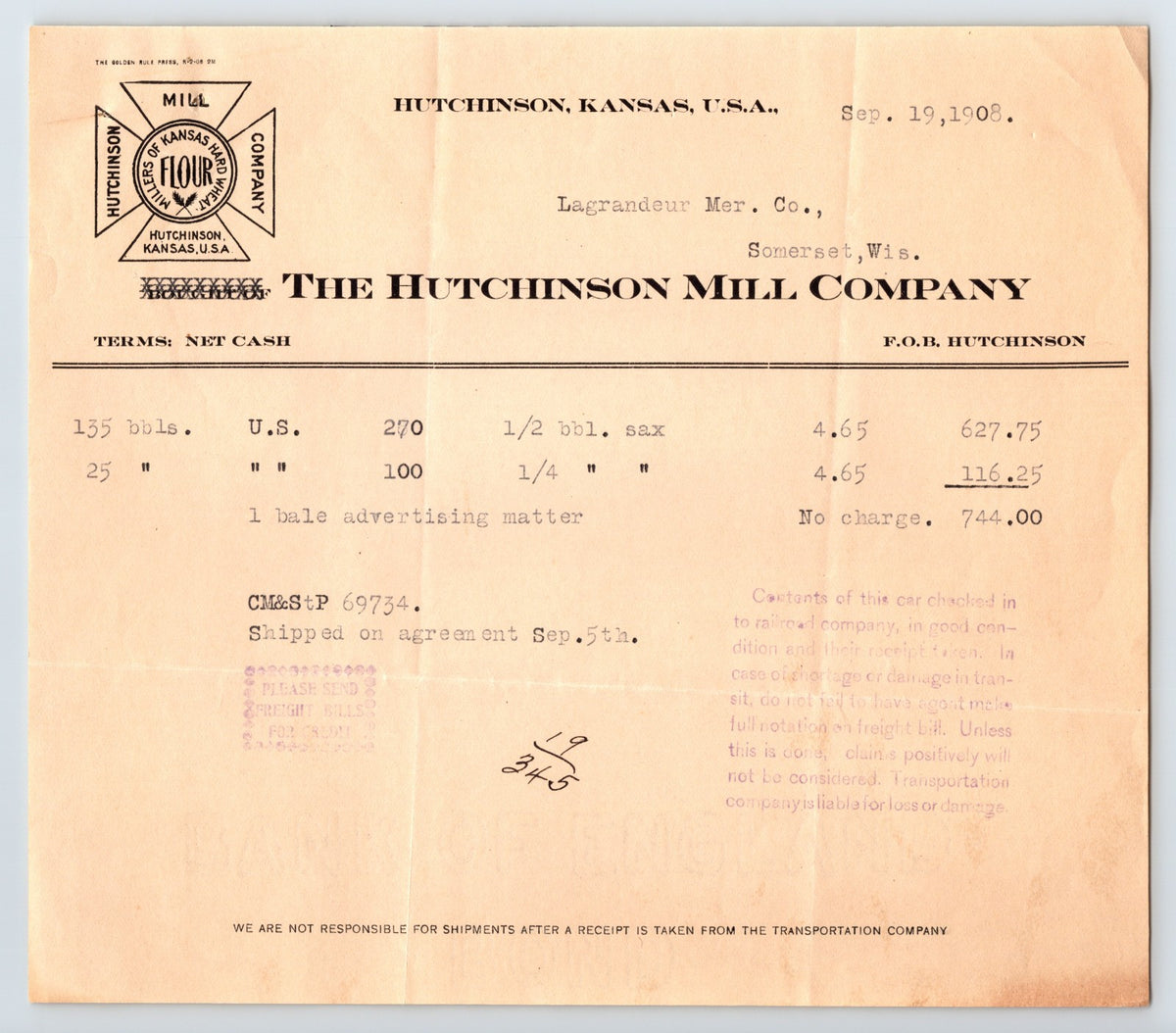Hutchinson Kansas Mill Company flour billhead invoice 1908 document
