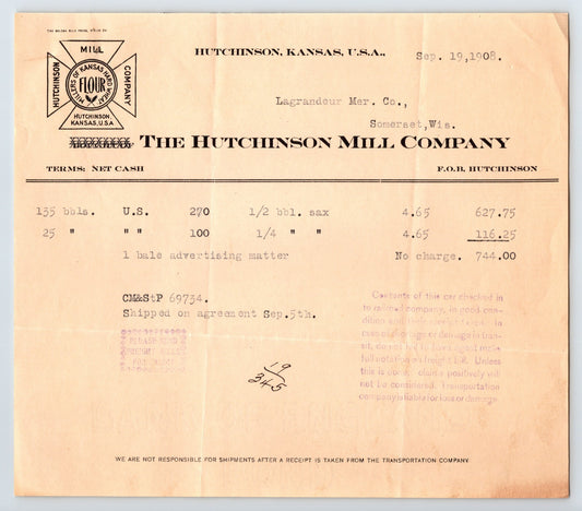 Hutchinson Kansas Mill Company flour billhead invoice 1908 document
