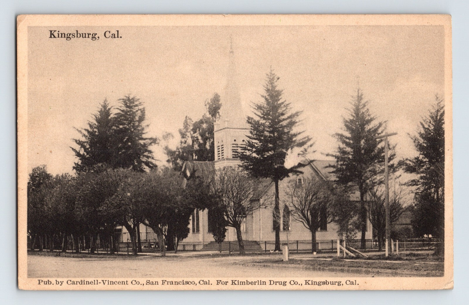 Kingsburg California Episcopal Church with trees early 1920s postcard scene