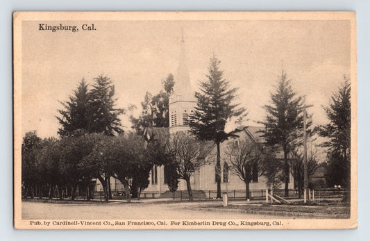 Kingsburg California Episcopal Church with trees early 1920s postcard scene