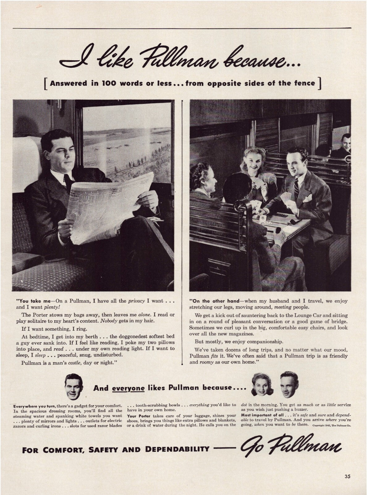 Pullman railroad train car 1942 print advertisement passengers interior seating full page