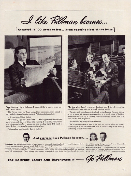Pullman railroad train car 1942 print advertisement passengers interior seating full page