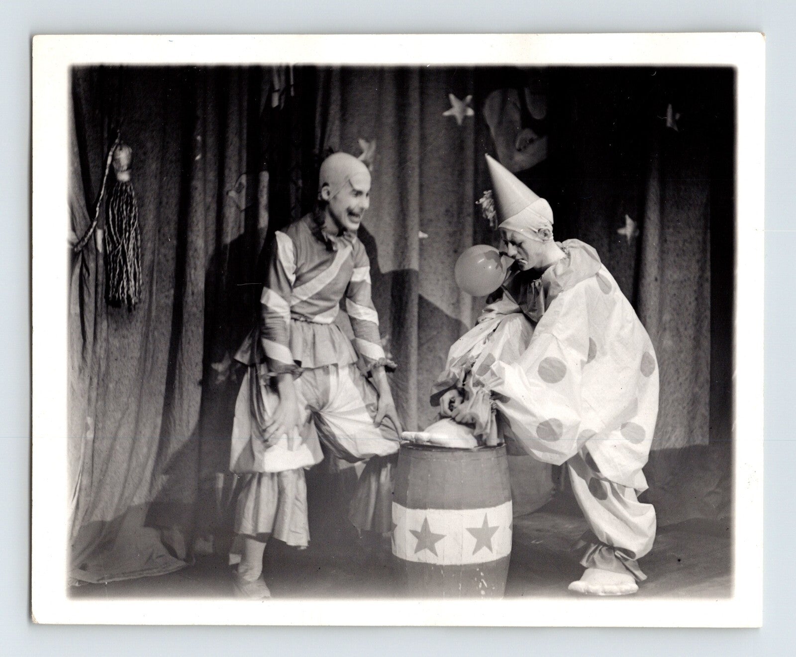 Circus clowns stage act Waterloo Iowa Macks Studio 1940s photo barrel prop performance
