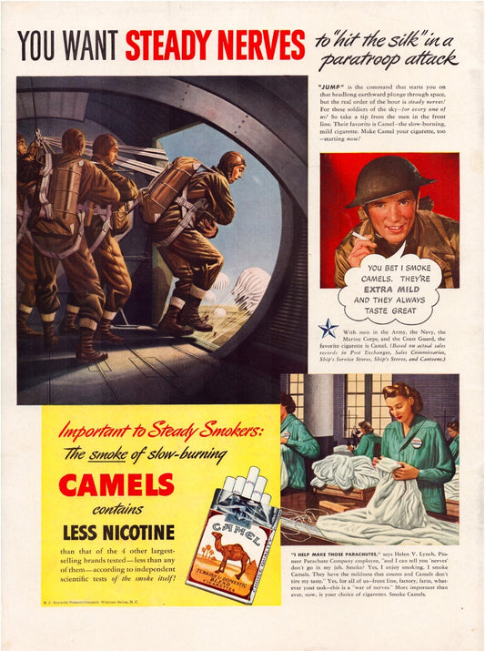 Camel Cigarettes 1942 WW2 Paratrooper Sky Dive Print Ad Full Page 10.5 x 13.5