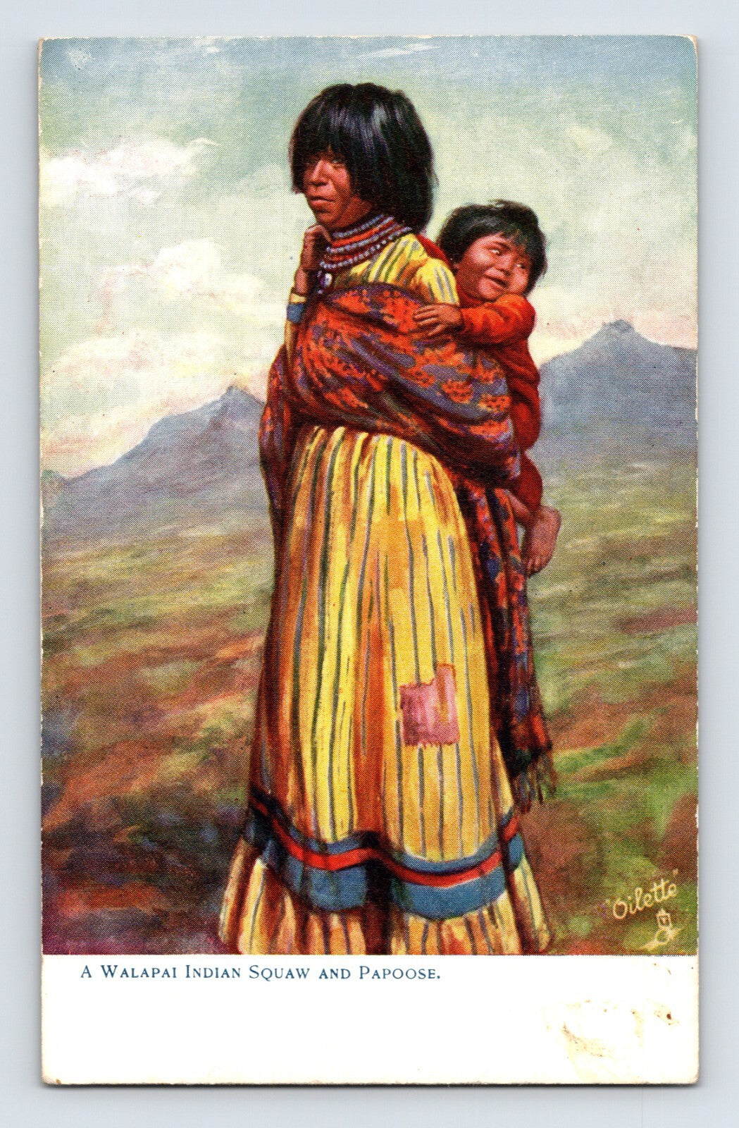 Walapai Native American woman carrying child papoose Tuck postcard painted scene mountainous background