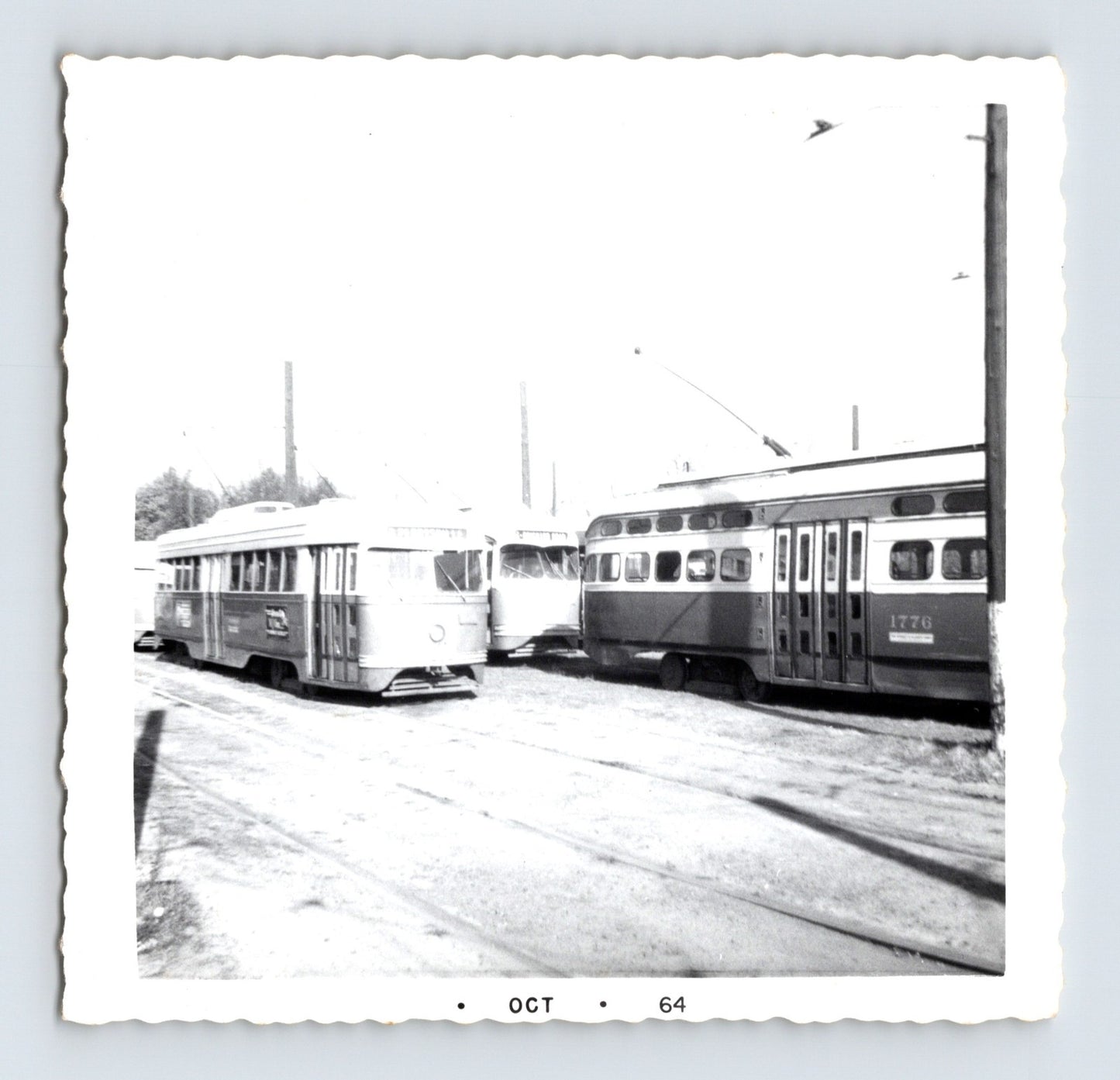 St Louis streetcar yard October 1964 with multiple PCC and older streetcars lined up near Keating Car House