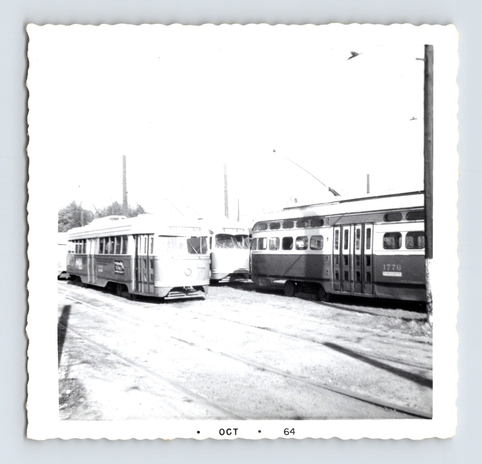 St Louis streetcar yard October 1964 with multiple PCC and older streetcars lined up near Keating Car House