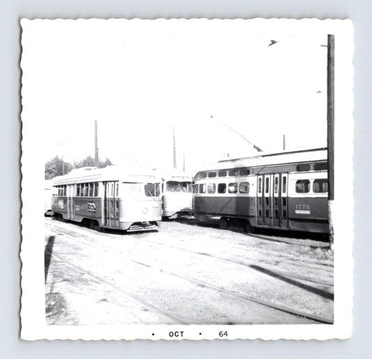 St Louis streetcar yard October 1964 with multiple PCC and older streetcars lined up near Keating Car House