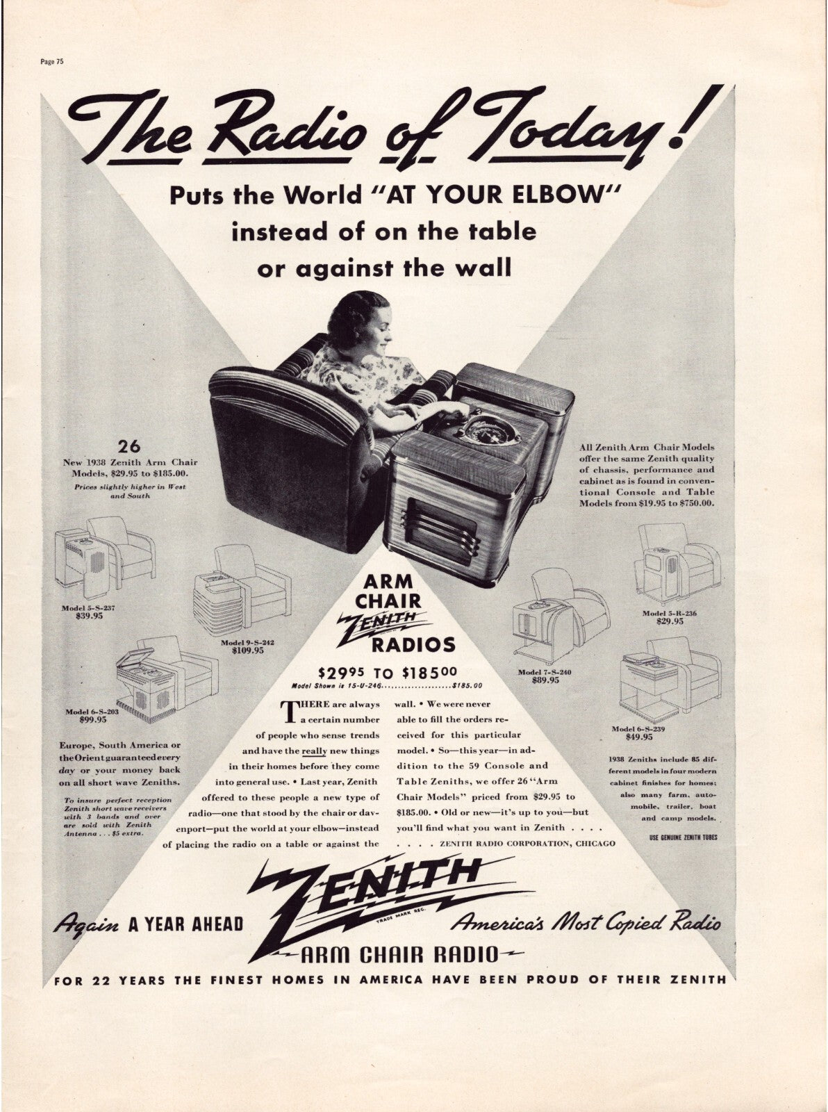 Zenith Radio 1937 armchair listening scene vintage radio print ad full page advertising