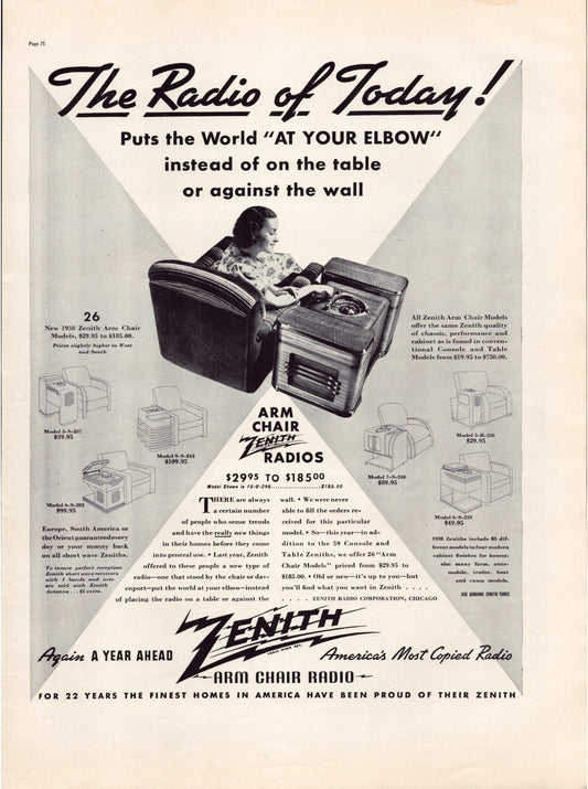 Zenith Radio 1937 armchair listening scene vintage radio print ad full page advertising
