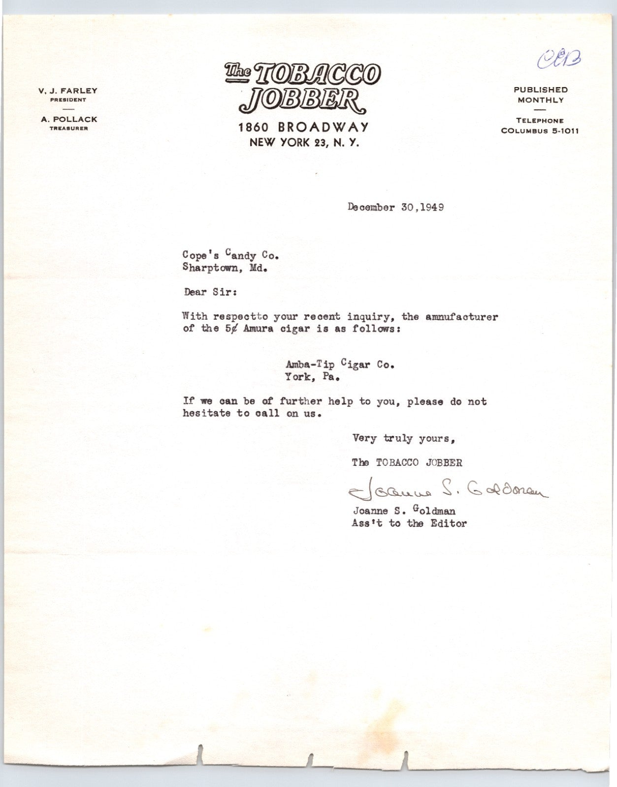 Tobacco Jobber New York City 1949 trade magazine letterhead correspondence document