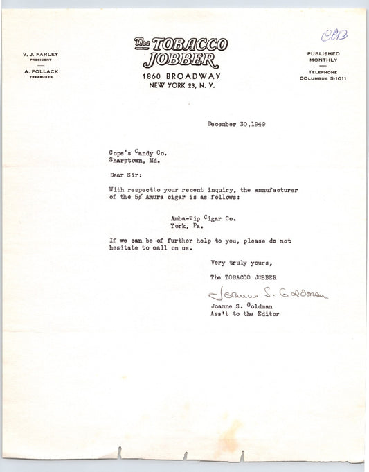 Tobacco Jobber New York City 1949 trade magazine letterhead correspondence document