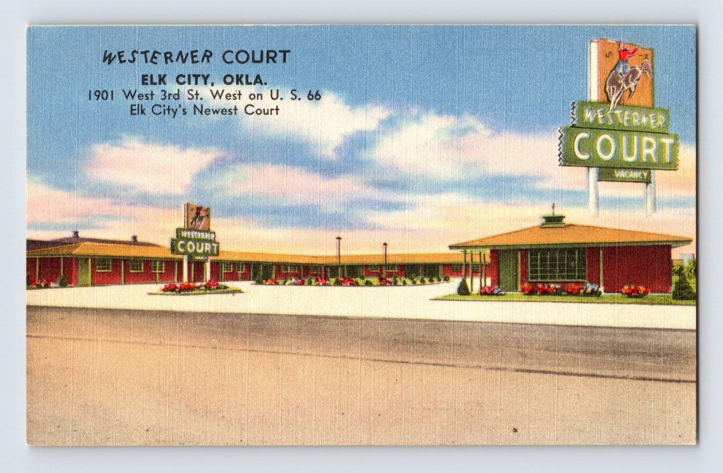 Elk City Oklahoma Westerner Court motel Route 66 roadside sign buildings 1940s postcard
