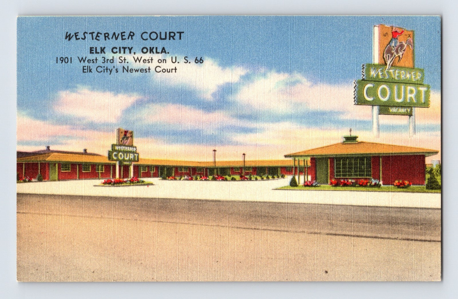 Elk City Oklahoma Westerner Court motel Route 66 roadside sign buildings 1940s postcard