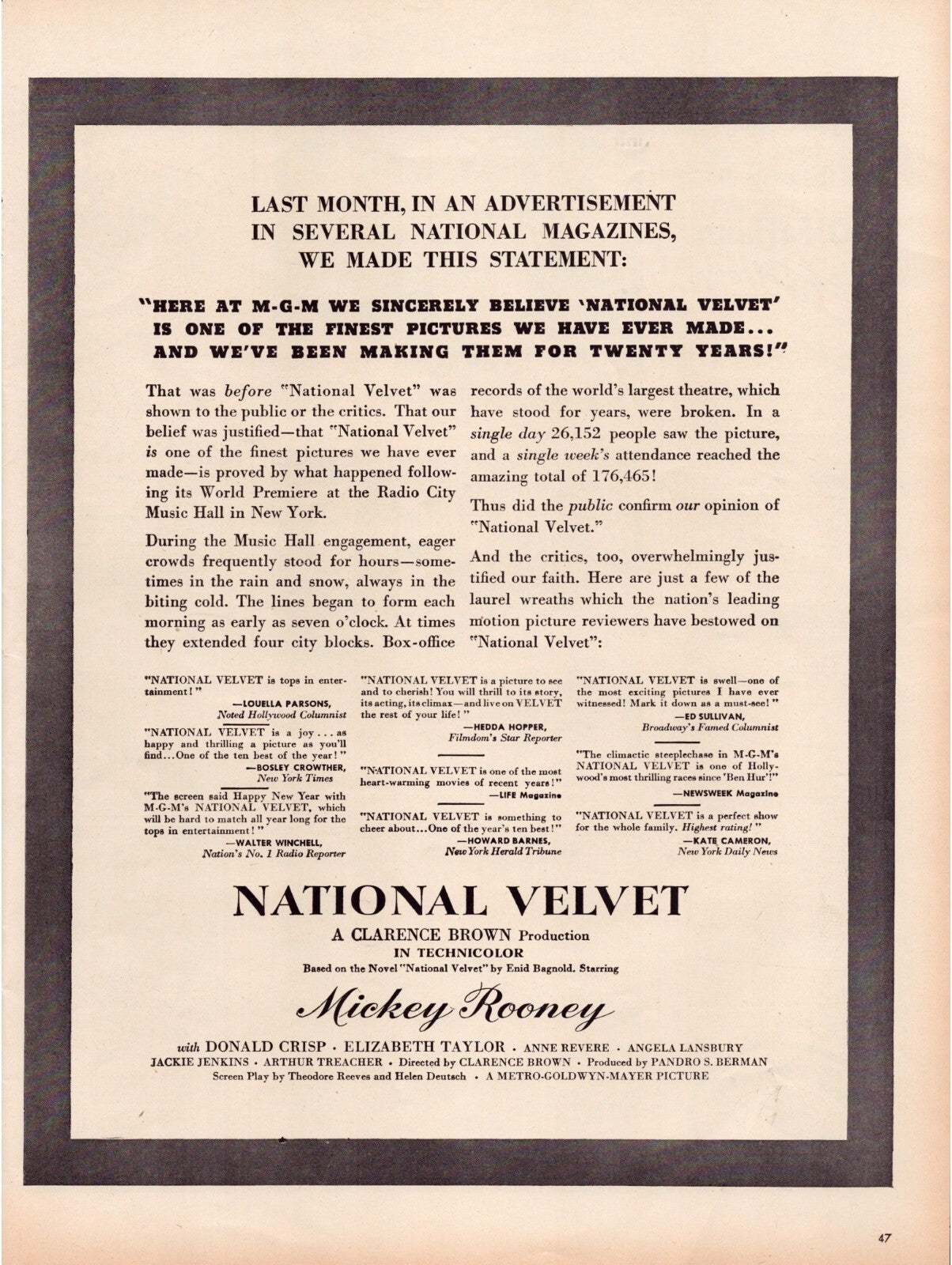 National Velvet 1945 film advertisement Mickey Rooney Elizabeth Taylor MGM print ad