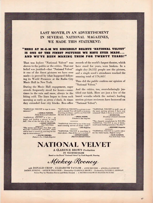 National Velvet 1945 film advertisement Mickey Rooney Elizabeth Taylor MGM print ad
